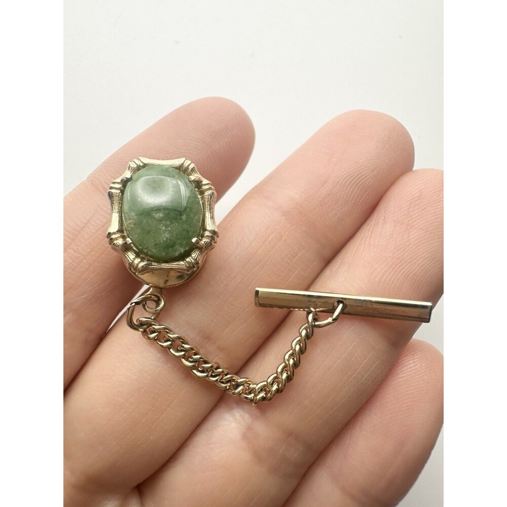 Nephrite Jade Tie Tack Pin Gold Tone Lapel Collectible